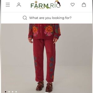 Farm Rio Red Corduroy Pants with Floral Embroidery size Small